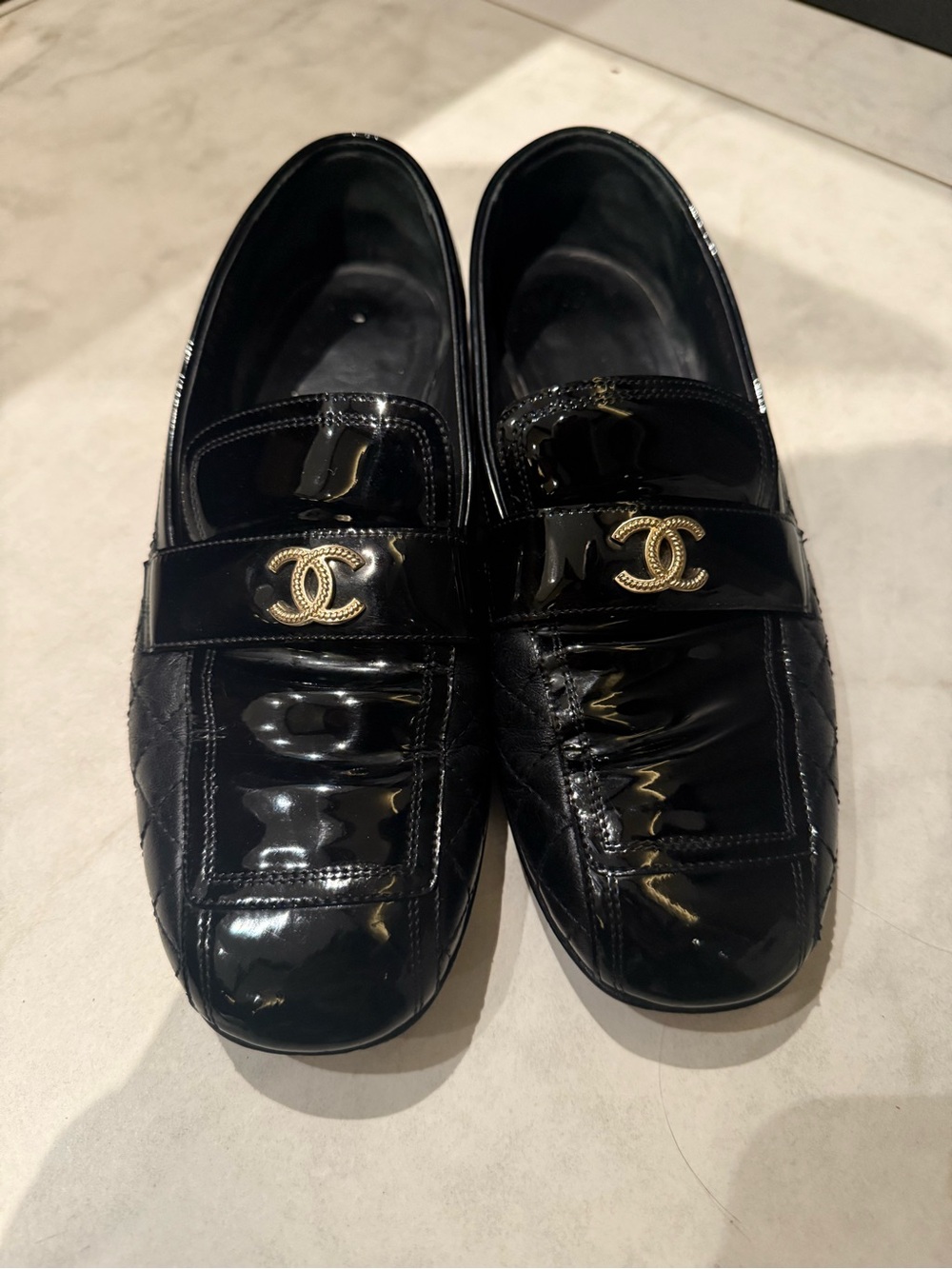 CHANEL Black Patent Leather Women's Loafers with Gold CC Emblem